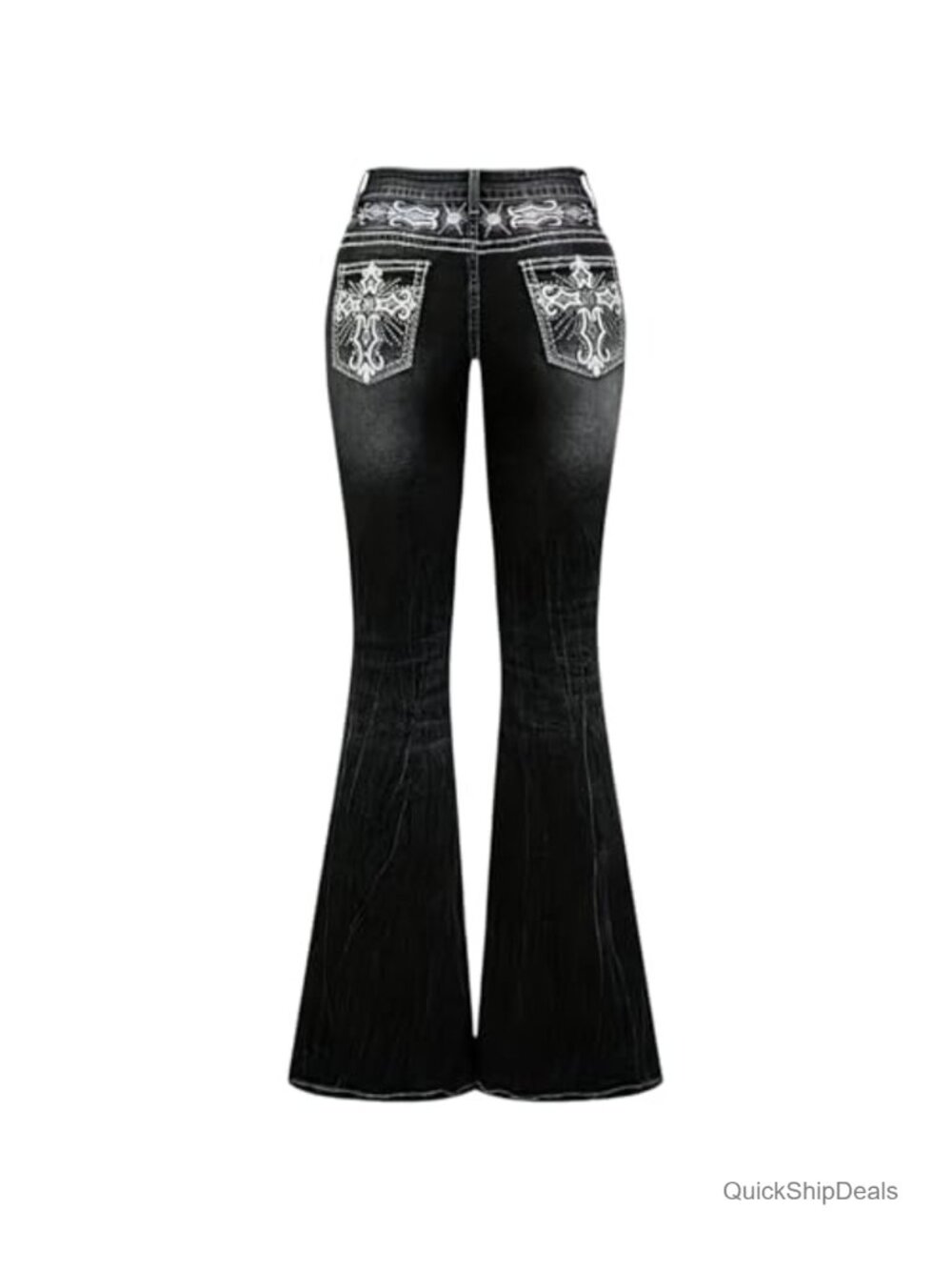 Mid Rise Stretchy Flare Jeans Embroidered Rhinestone Denim Pants